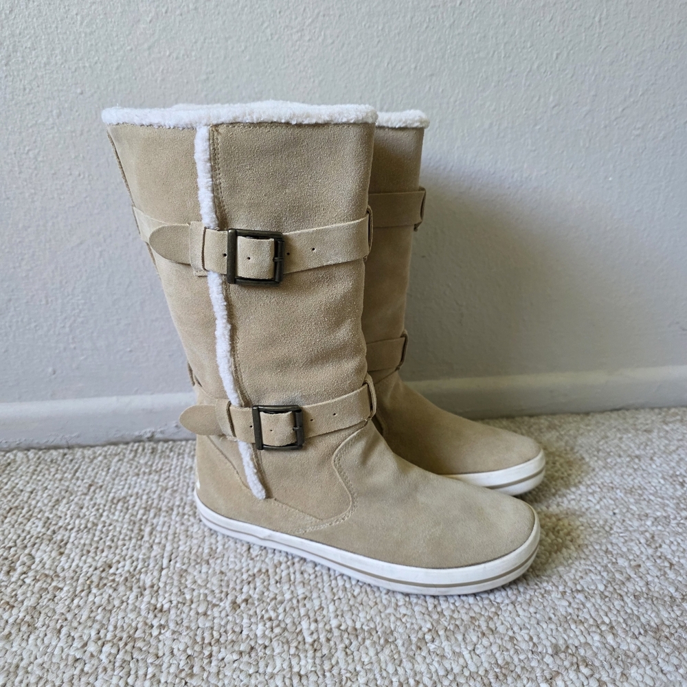 Vintage Y2K Roxy Stratton Tan And Creme Leather Fuzzy Boots With Buckles Size 8